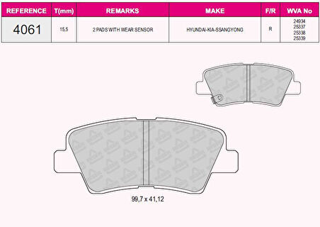 Hyundaı Arka Fren Balatası Hyundaı Accent Blue 11-> Elantra 11-> İ40 11-> İ30 11-> Optıma 11-15 Rio 11-> Cee - Beser 4061