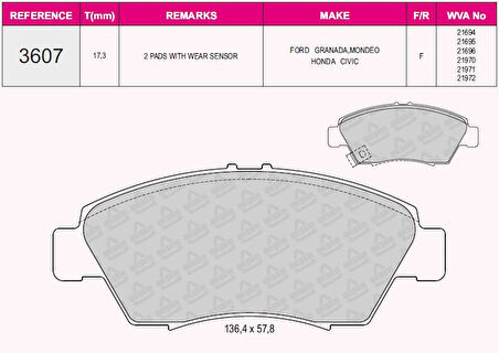 Honda On Fren Balata Honda CIVIC 1.6 1992-2000 Crx 91-> Crz 10-> - Beser 3607