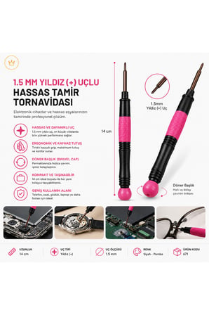 Profesyonel Hassas Cep Telefonu Tamir Tornavidası 1.5 mm Yıldız (+) Uçlu 14 Cm No.671 Pembe Siyah