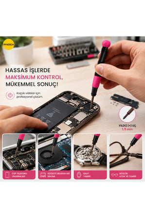 Profesyonel Hassas Cep Telefonu Tamir Tornavidası 1.5 mm Yıldız (+) Uçlu 14 Cm No.671 Pembe Siyah
