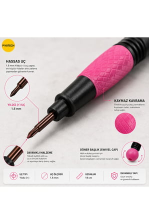 Profesyonel Hassas Cep Telefonu Tamir Tornavidası 1.5 mm Yıldız (+) Uçlu 14 Cm No.671 Pembe Siyah