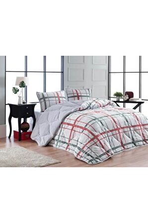 Merinos Comforter Seti Çift Kişilik Yorgan 3 Parça Elba Gri Kırmızı