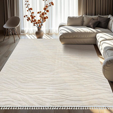 Dinarsu Alaçatı Püsküllü Halı 150x230 Hex Açık Bej