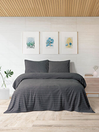 Merinos Modern Twist 3 Parça Çift Kişilik Battaniye Seti Kutulu 220x240 Koyu Gri