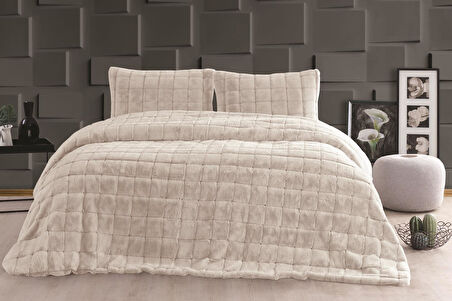 Merinos Luxe 3 Parça Çift Kişilik Yatak Örtüsü Seti Kutulu 230x250 Kareli Bej