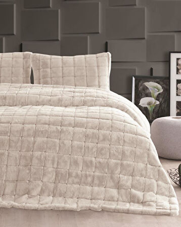 Merinos Luxe 3 Parça Çift Kişilik Yatak Örtüsü Seti Kutulu 230x250 Kareli Bej