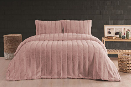 Merinos Luxe 3 Parça Çift Kişilik Yatak Örtüsü Seti Kutulu 230x250 Çizgili Pudra