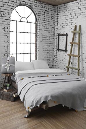 Aksu Tek Kişilik Ponponlu Pike Battaniye 150x200 Gri