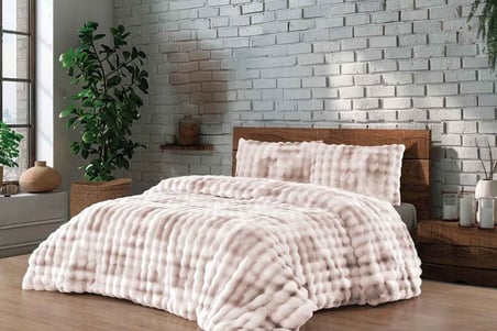 Merinos Diamond 3 Parça Bubble Kürk Comforter Set Duman Bej