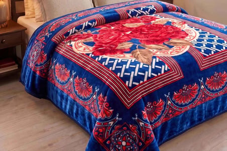 Merinos Kadife Battaniye 220X240 Gülfem Lacivert-Kırmızı