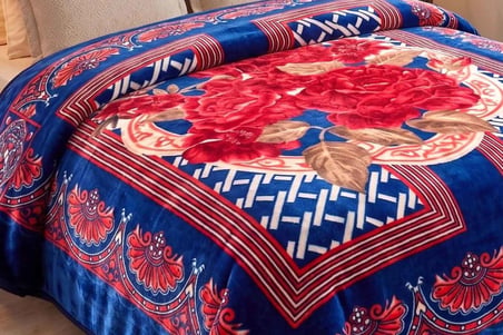 Merinos Kadife Battaniye 220X240 Gülfem Lacivert-Kırmızı