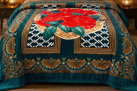 Merinos Kadife Battaniye 220X240 Gülfem Petrol-Kırmızı