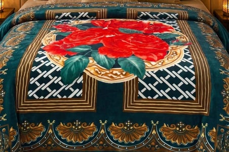 Merinos Kadife Battaniye 220X240 Gülfem Petrol-Kırmızı