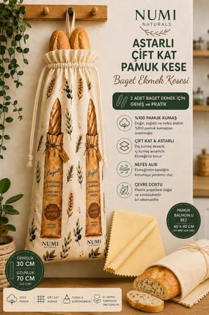 Numi Naturals Premium Baget Ekmek Saklama Seti - 1 Pamuklu Çift Kat Astarlı Kese (30X70) + 2 Balmumu Bez (40X40)