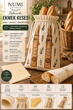 Numi Naturals Premium Baget Ekmek Saklama Seti - 1 Pamuklu Çift Kat Astarlı Kese (30X70) + 2 Balmumu Bez (40X40)