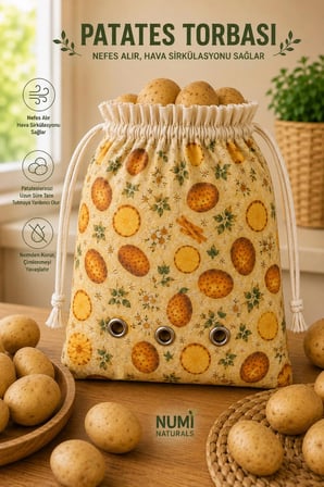 Numi Naturals Nefes Alan Patates Saklama Torbası – %100 Pamuklu Büzgülü Patates Depolama Çantası 40X40 Cm