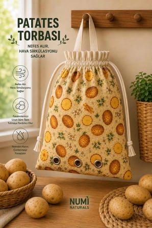Numi Naturals Nefes Alan Patates Saklama Torbası – %100 Pamuklu Büzgülü Patates Depolama Çantası 40X40 Cm