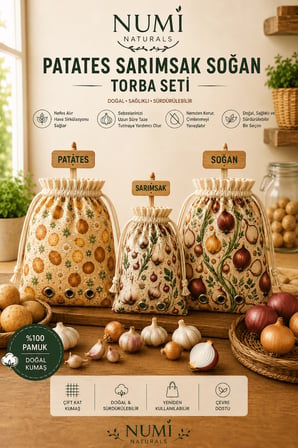 Numi Naturals Patates, Soğan Ve Sarımsak Saklama Torbası Seti – %100 Pamuk Nefes Alan Sebze Saklama Çantası (3'Lü Set)