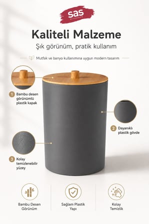 Sas Haus Bambu Desen Kapaklı Çöp Kovası 7 Litre Antrasit Plastik Banyo Mutfak Çöp Kutusu