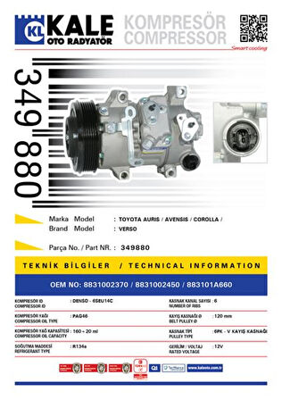 Toyota Klima Kompresoru Toyota Aurıs Corolla 1.6 2007-2012 Avensis 2008-> [6pk V Kayıs Kasnagı] [120mm] - Kale 349880