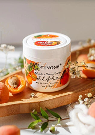Elvons Scrub, Kayısı Parçacıklı Yüz, Vücut Peeling, Ölü Hücre Temizleme, Malik Asit, Glikolik Asit, 150 ml