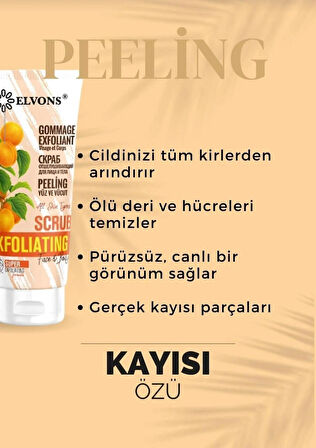 Elvons Scrub, Kayısı Parçacıklı Yüz, Vücut Peeling, Ölü Hücre Temizleme, Malik Asit, Glikolik Asit, 75ml