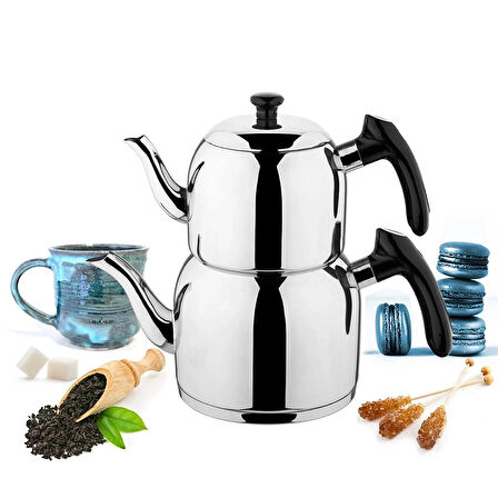 Özkent K-392 Siyah Vista Orta Boy Paslanmaz Çelik Indüksiyon Tabanlı 1.2-2.2 Lt Çaydanlık Takımı