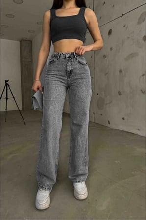 Antrasit Salaş Çnr Kadın Yüksek Bel Palazzo Jeans Likralı Esnek Kot Pantolon Yeni Hsn-2