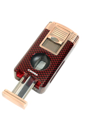 Cohiba Çift Torch Pürmüz Dahili Kesici Delicili Kırmızı Karbon Desenli Bronz Metal Puro Çakmağı - TR9586