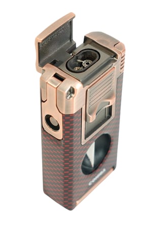 Cohiba Çift Torch Pürmüz Dahili Kesici Delicili Kırmızı Karbon Desenli Bronz Metal Puro Çakmağı - TR9586