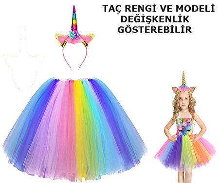 Unicorn Tütü Etek ve Taç Seti - Unicorn Kostüm Seti Çocuk Boy