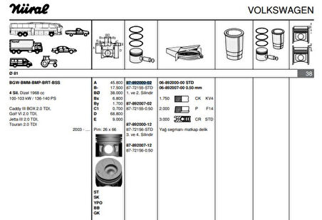 Vag Piston+segman (81,00mm Std 1, 2, Pistonlar) A3 A4 Altea Leon Toledo III Octavıa Superb Caddy III Eos - Goetze 8772155std000g