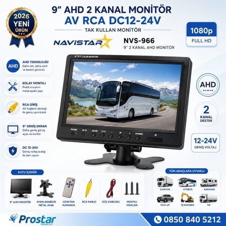9 inç 2 kanal AHD RCA Sarı Soketli Araç Monitörü 1080P 720P Analog Destekli DC 12-24V