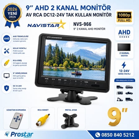 9 inç 2 kanal AHD RCA Sarı Soketli Araç Monitörü 1080P 720P Analog Destekli DC 12-24V