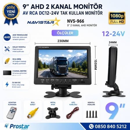 9 inç 2 kanal AHD RCA Sarı Soketli Araç Monitörü 1080P 720P Analog Destekli DC 12-24V