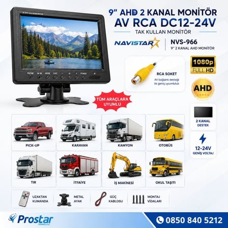 9 inç 2 kanal AHD RCA Sarı Soketli Araç Monitörü 1080P 720P Analog Destekli DC 12-24V