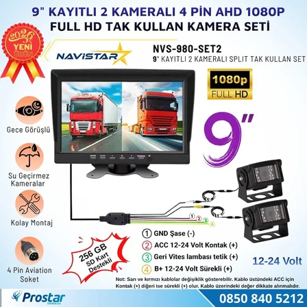 9 inç Kayıtlı Geniş Ekran 2 Kameralı 1080P Full HD Araç Güvenlik ve Geri Görüş Seti (12-24V)