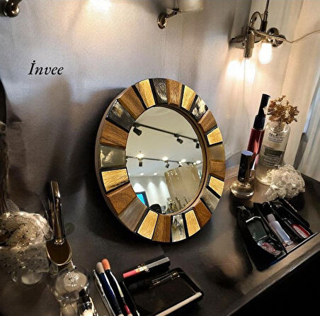 Ahşap Rengi 24 cm Gerçek Kemik Dekoratif Makyaj Aynası