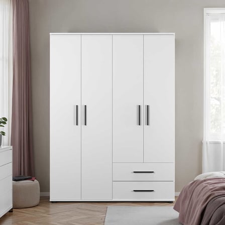White 4 Kapaklı 2 Çekmeceli Gardırop-Mat Beyaz 137x187x52 cm (GxYxD)