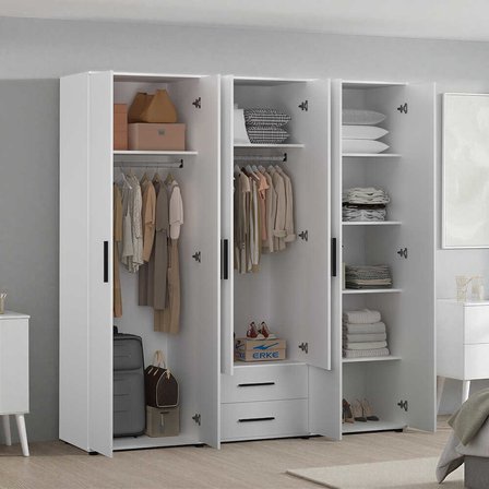 White 6 Kapaklı 2 Çekmeceli Gardırop-Mat Beyaz 206x213x52 cm (GxYxD)