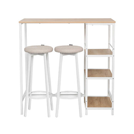 Step-Up 2 Tabureli Yüksek Ayaklı Raflı Mutfak Masa Takımı - Beyaz 100x50x100