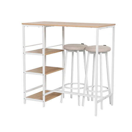 Step-Up 2 Tabureli Yüksek Ayaklı Raflı Mutfak Masa Takımı - Beyaz 100x50x100
