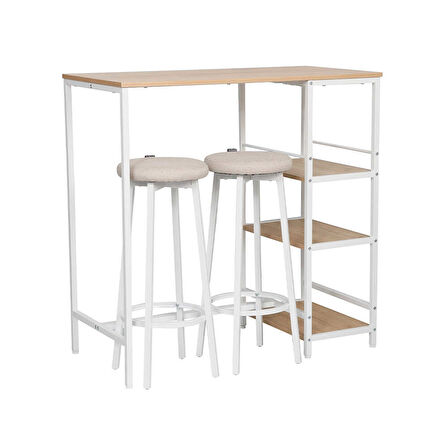 Step-Up 2 Tabureli Yüksek Ayaklı Raflı Mutfak Masa Takımı - Beyaz 100x50x100