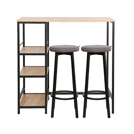 Step-Up 2 Tabureli Yüksek Ayaklı Raflı Yemek Masası Ceviz/Siyah 100x50x100