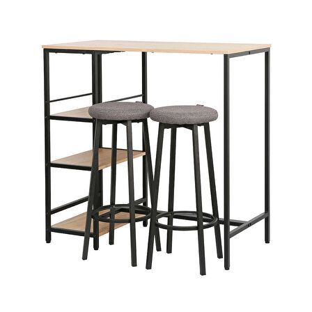 Step-Up 2 Tabureli Yüksek Ayaklı Raflı Yemek Masası Ceviz/Siyah 100x50x100