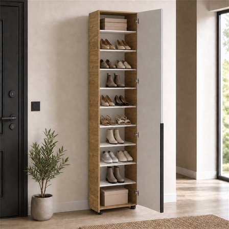 Porto 10 Bölmeli Tek Kapaklı Aynalı Vestiyer - Florida Meşe/Vizon 47x210x34 cm