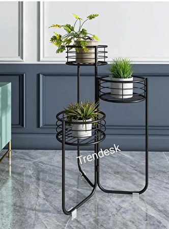 Trendesk Trendesk  Modern 3 Katlı Metal Siyah Çiçeklik Saksı Standı Saksılık