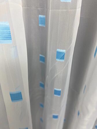 TERGAL TURKUAZ KARELİ BEYAZ RENK TEK KANAT Hazır Dikilmiş Pileli Fon Perde 300*260 Cm