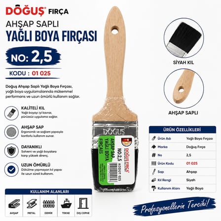 Doğuş Ahşap Saplı Yağlı Boya Fırçası No : 2,5 Kodu : 01 025 
