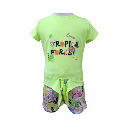 Kız Çocuğu İkili Takım Baskılı Belden Bağlamalı T-Shirt Çok Renkli Şort